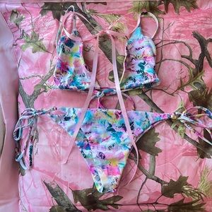 vintage y2k multicolor bikini set watercolor pattern strappy
